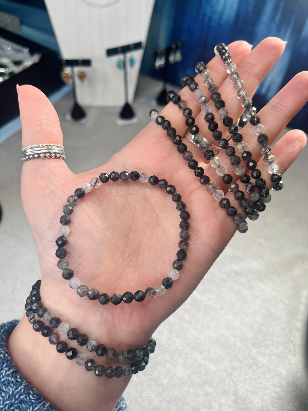 Black Tourmaline in Quartz faceted stone bracelet