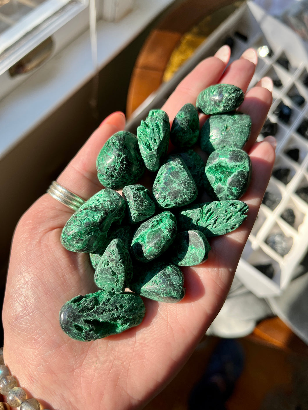 Fibrous Malachite tumble stone